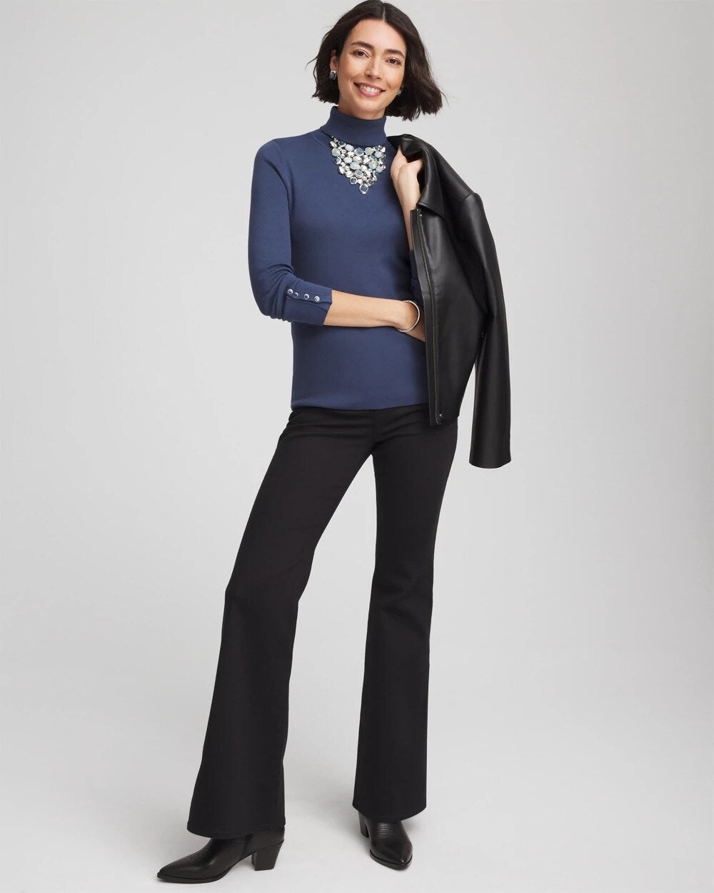 Chico's Ella Button Cuff Turtleneck Sweater INDIGO SKY