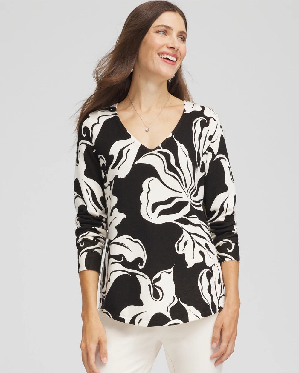 Chico's Ella Printed V-Neck Sweater BLACK