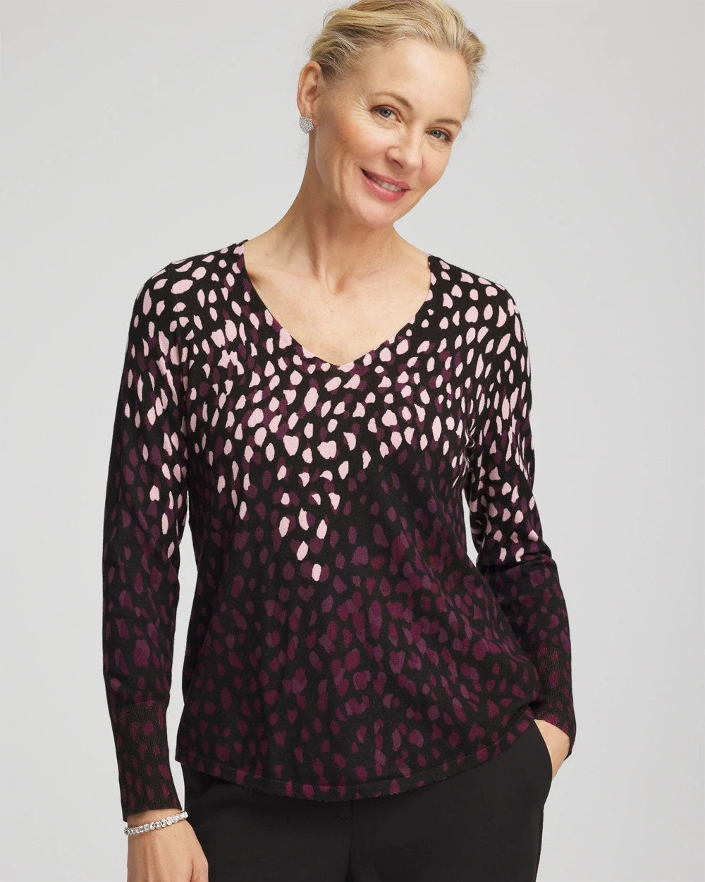 Chico's Ella Printed V-Neck Sweater BLACK