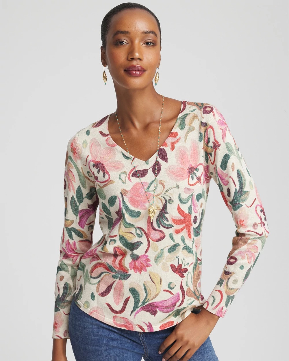 Chico's Ella V-Neck Floral Pullover Sweater ENGLISH CREAM