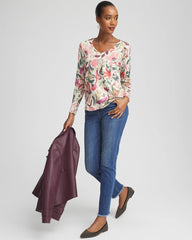 Chico's Ella V-Neck Floral Pullover Sweater ENGLISH CREAM