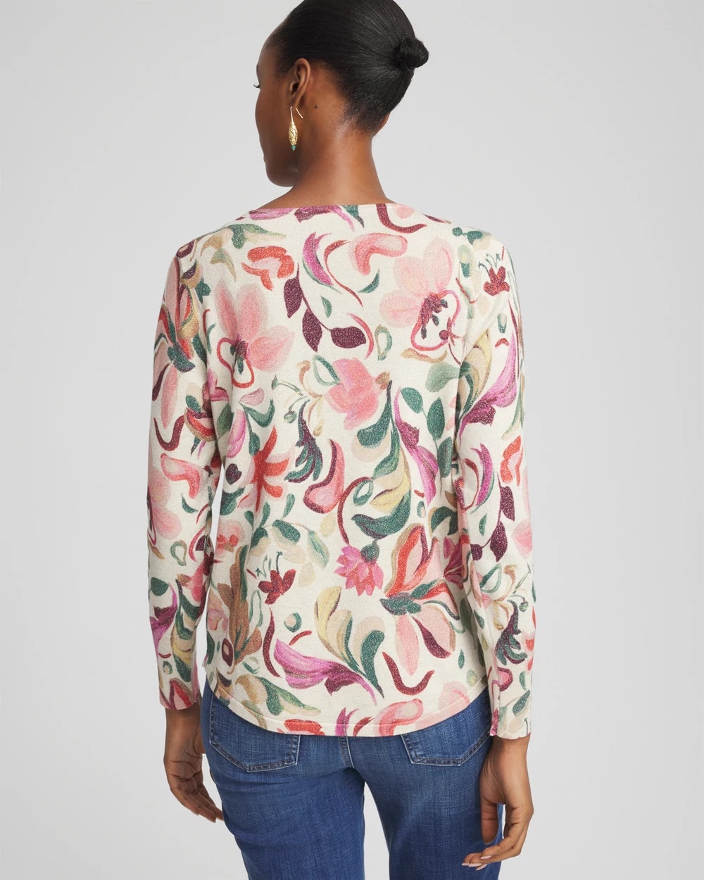 Chico's Ella V-Neck Floral Pullover Sweater ENGLISH CREAM