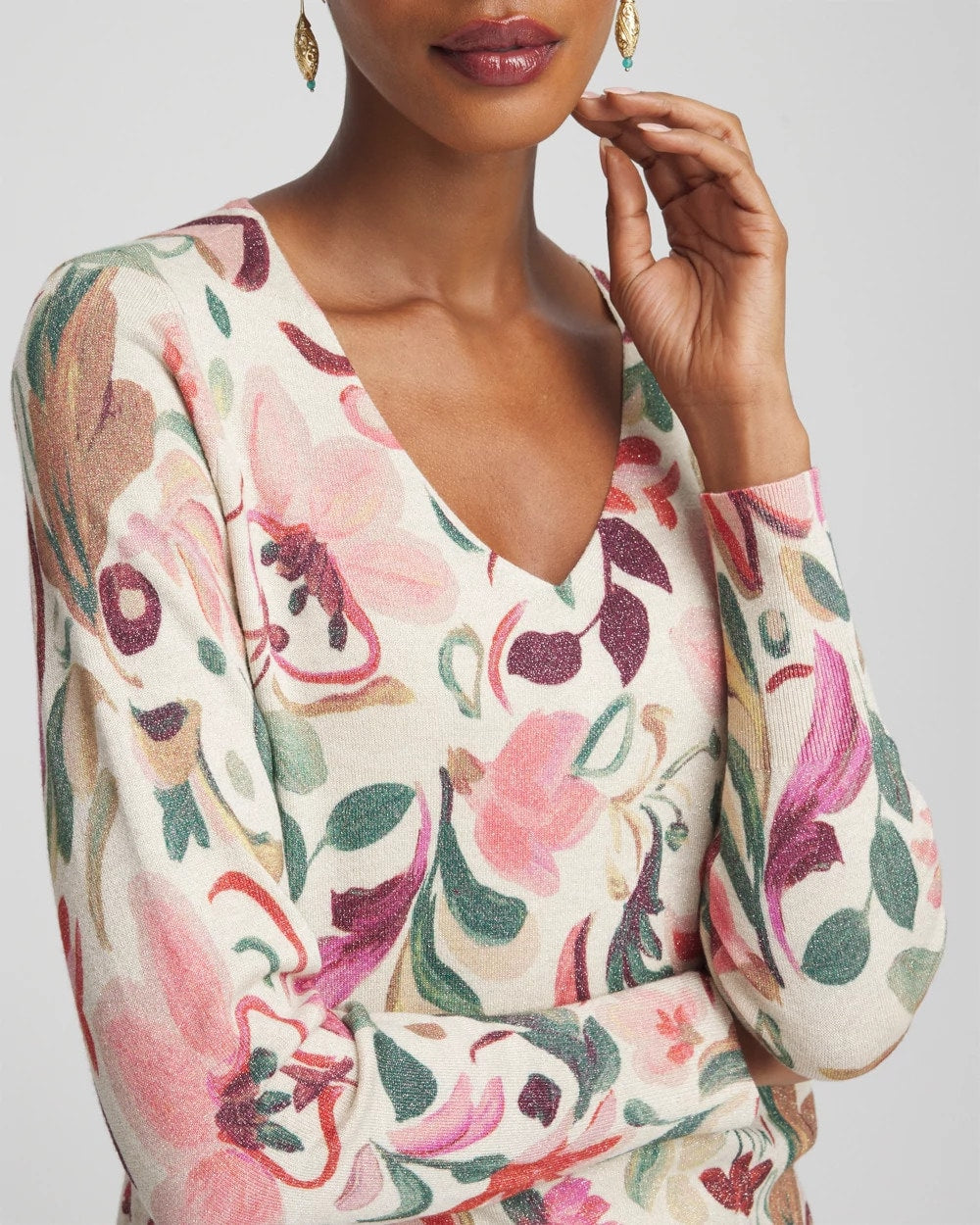 Chico's Ella V-Neck Floral Pullover Sweater ENGLISH CREAM