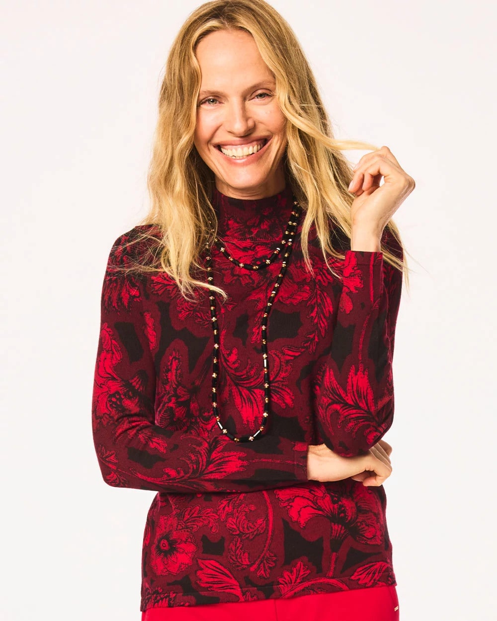 Chico's Ella Printed Mockneck Sweater CARMINE RED