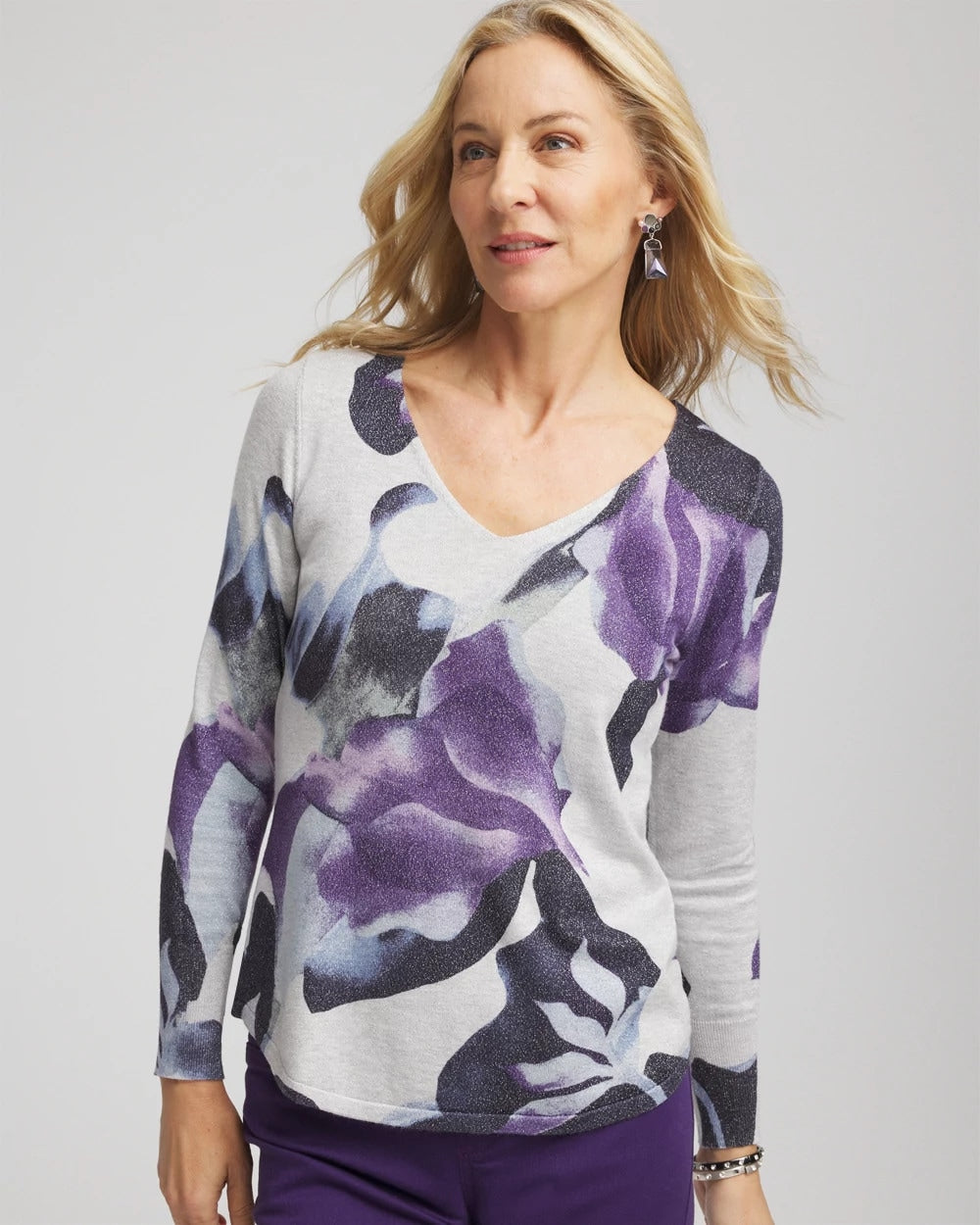 Chico's Ella V-Neck Pullover Sweater PURPLE ELIXIR