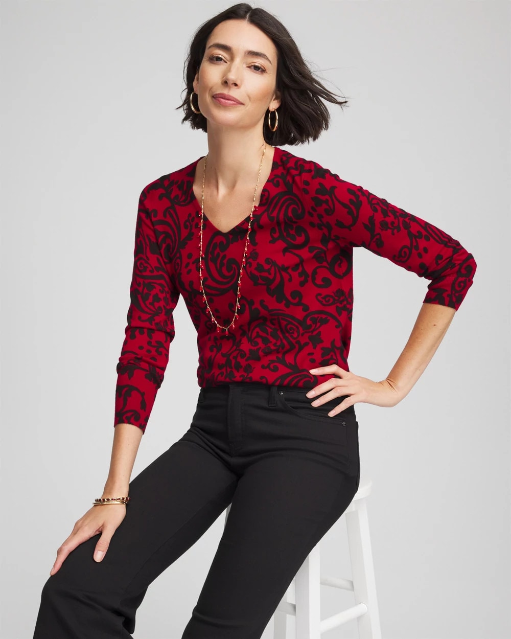 Chico's Ella Printed V-Neck Sweater CARMINE RED