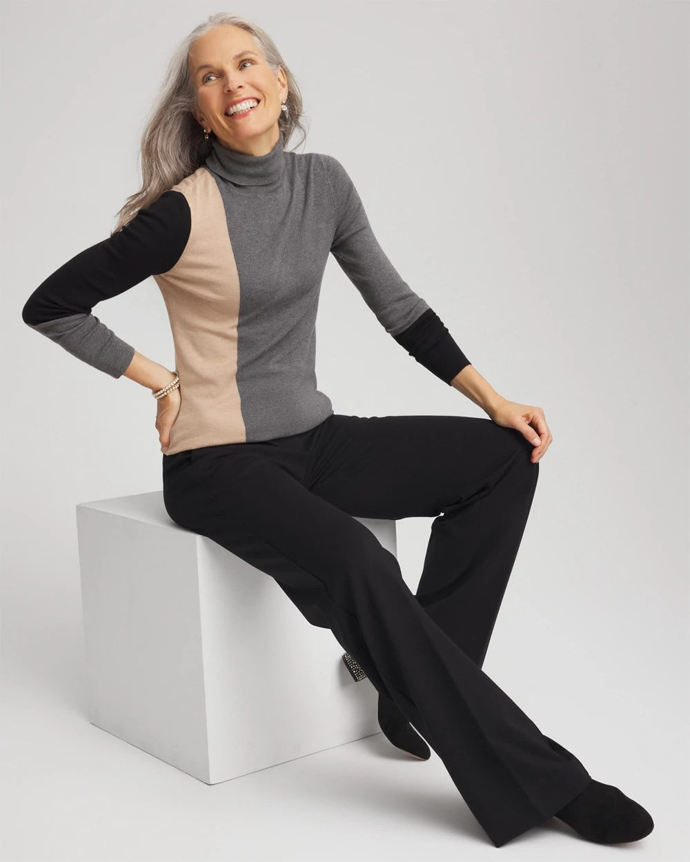 Chico's Ella Colorblock Intarsia Turtleneck Sweater BLACK