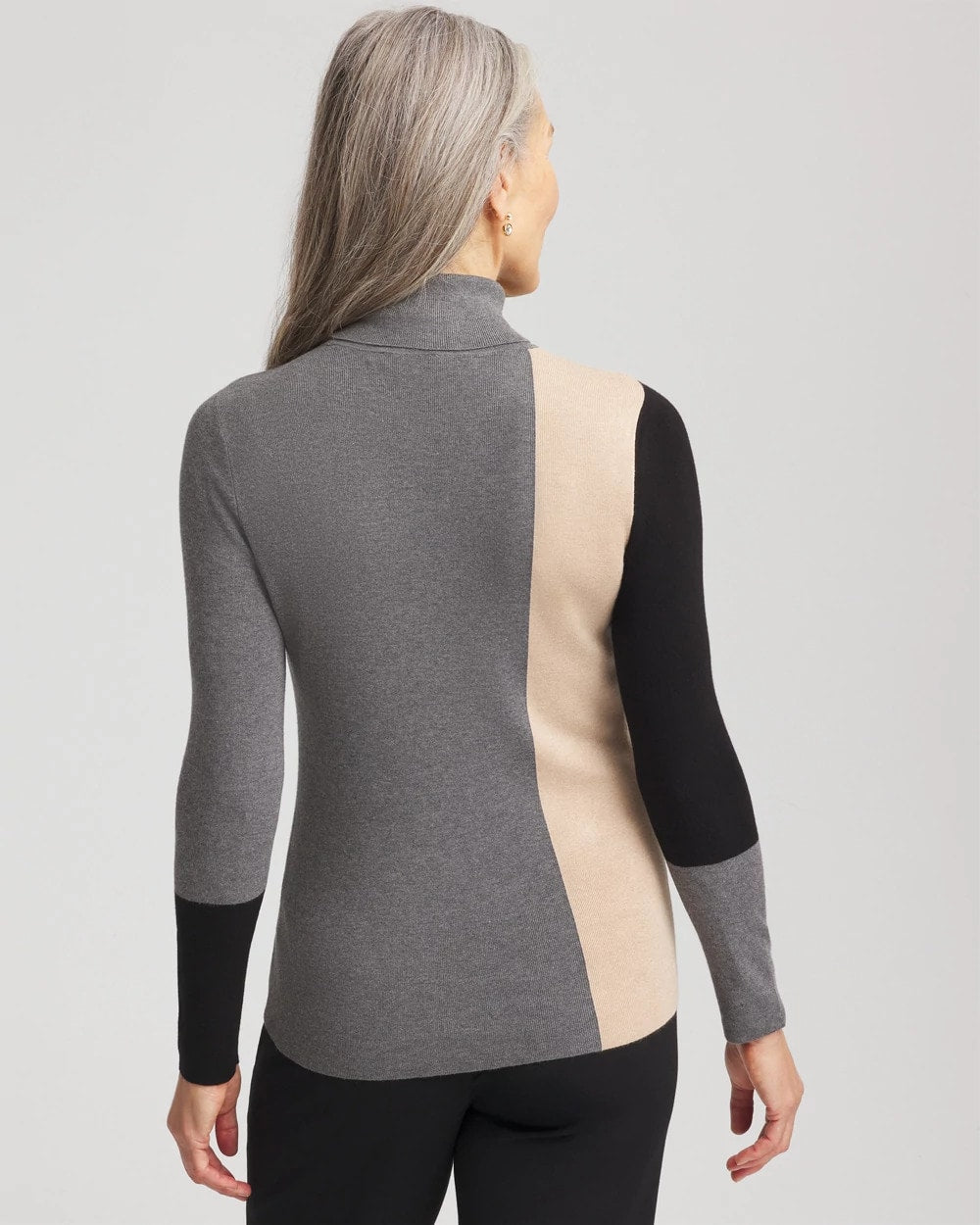 Chico's Ella Colorblock Intarsia Turtleneck Sweater BLACK