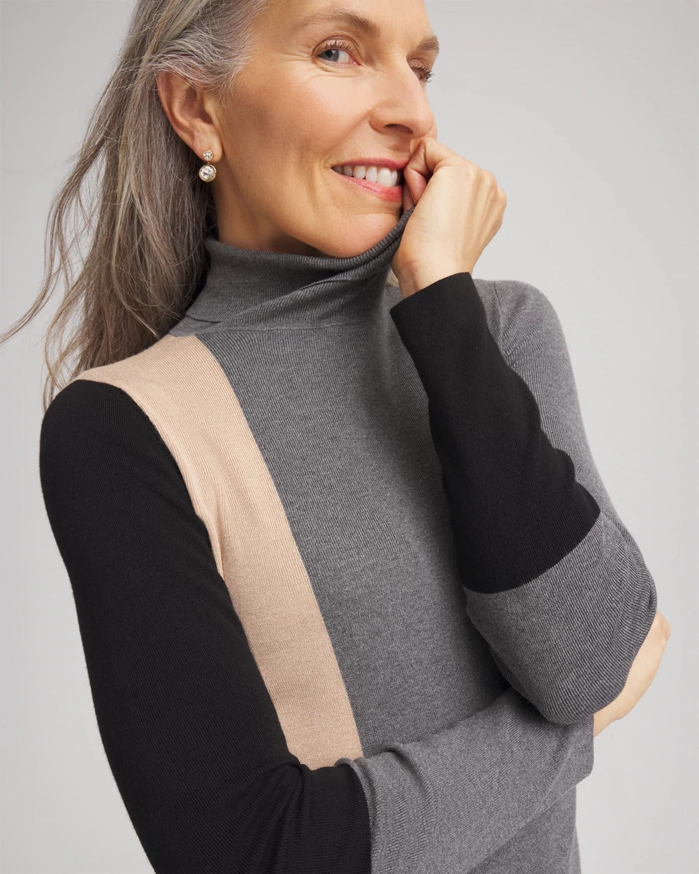 Chico's Ella Colorblock Intarsia Turtleneck Sweater BLACK