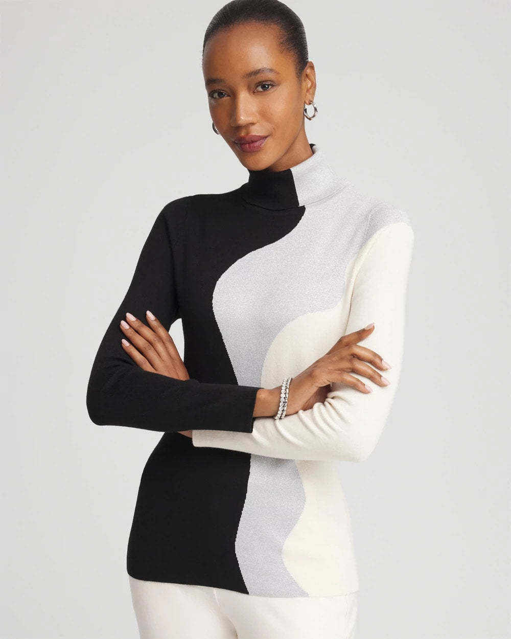 Chico's Ella Turtleneck Intarsia Sweater BLACK