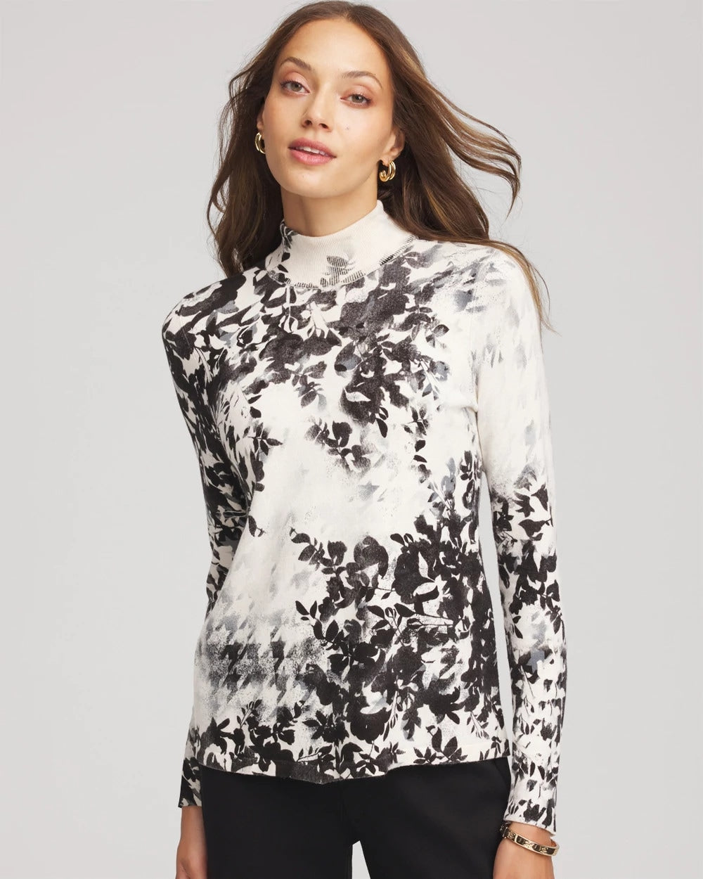Chico's Ella Houndstooth Mockneck Sweater ENGLISH CREAM