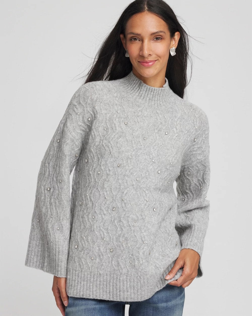 Chico's Sequined Cable Knit Sweater CLOUD HEATHER GRAY
