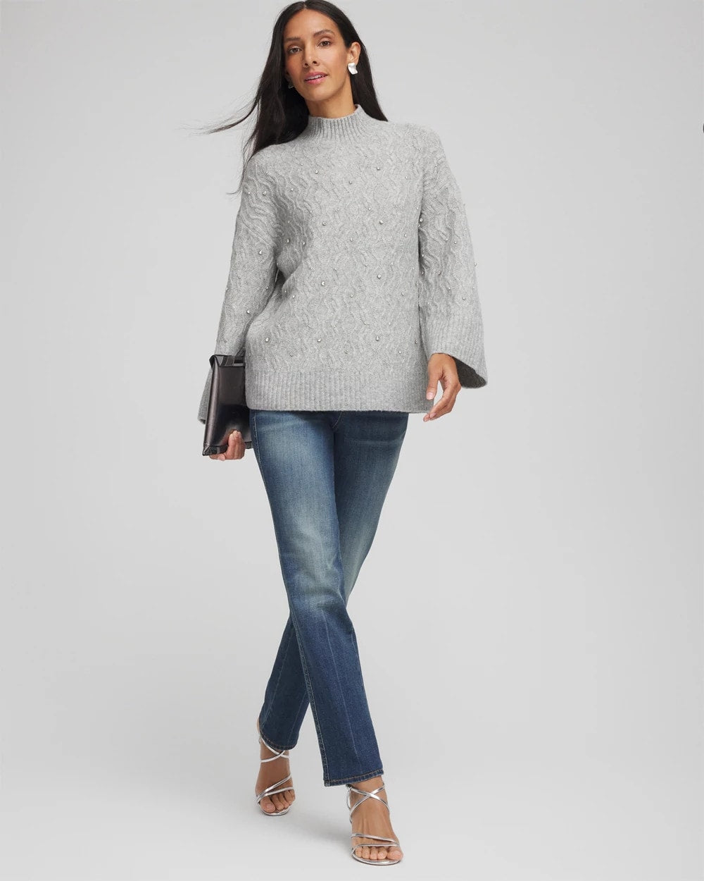 Chico's Sequined Cable Knit Sweater CLOUD HEATHER GRAY