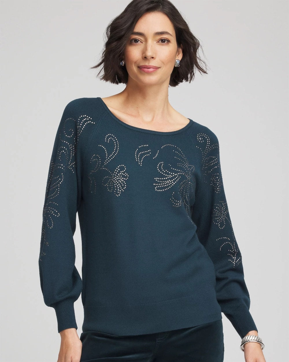 Chico's Heatset Embroidered Pullover TEAL SHADOW