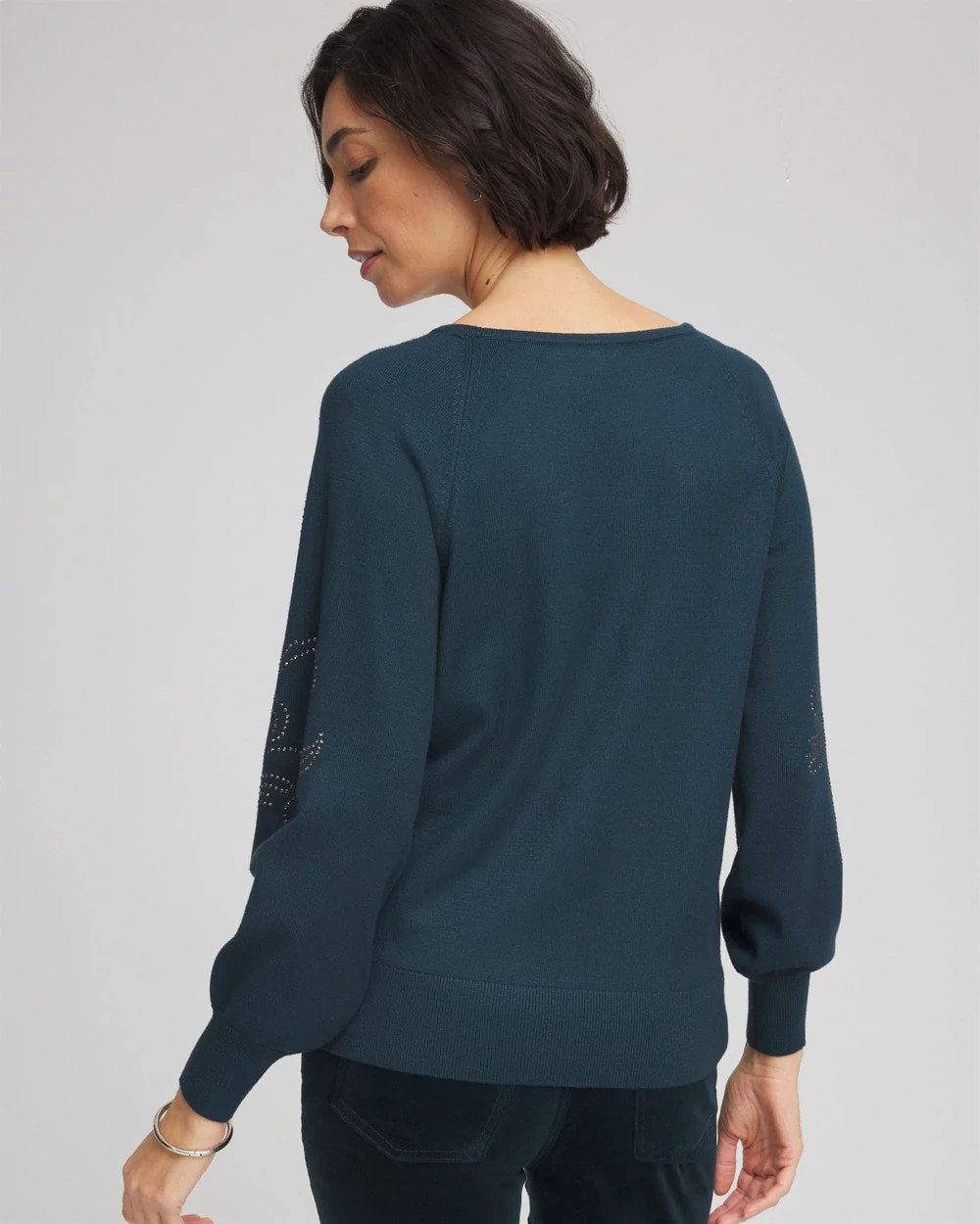 Chico's Heatset Embroidered Pullover TEAL SHADOW