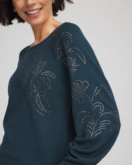 Chico's Heatset Embroidered Pullover TEAL SHADOW