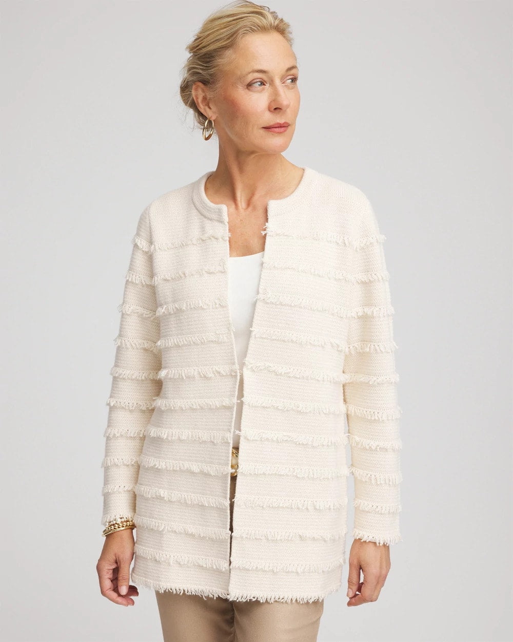 Chico's Fringe Ottoman Knit Cardigan ENGLISH CREAM