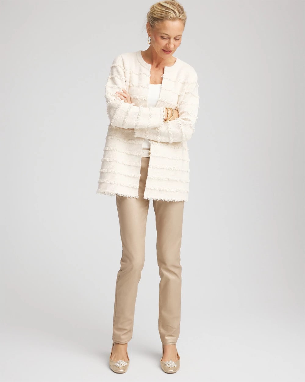 Chico's Fringe Ottoman Knit Cardigan ENGLISH CREAM