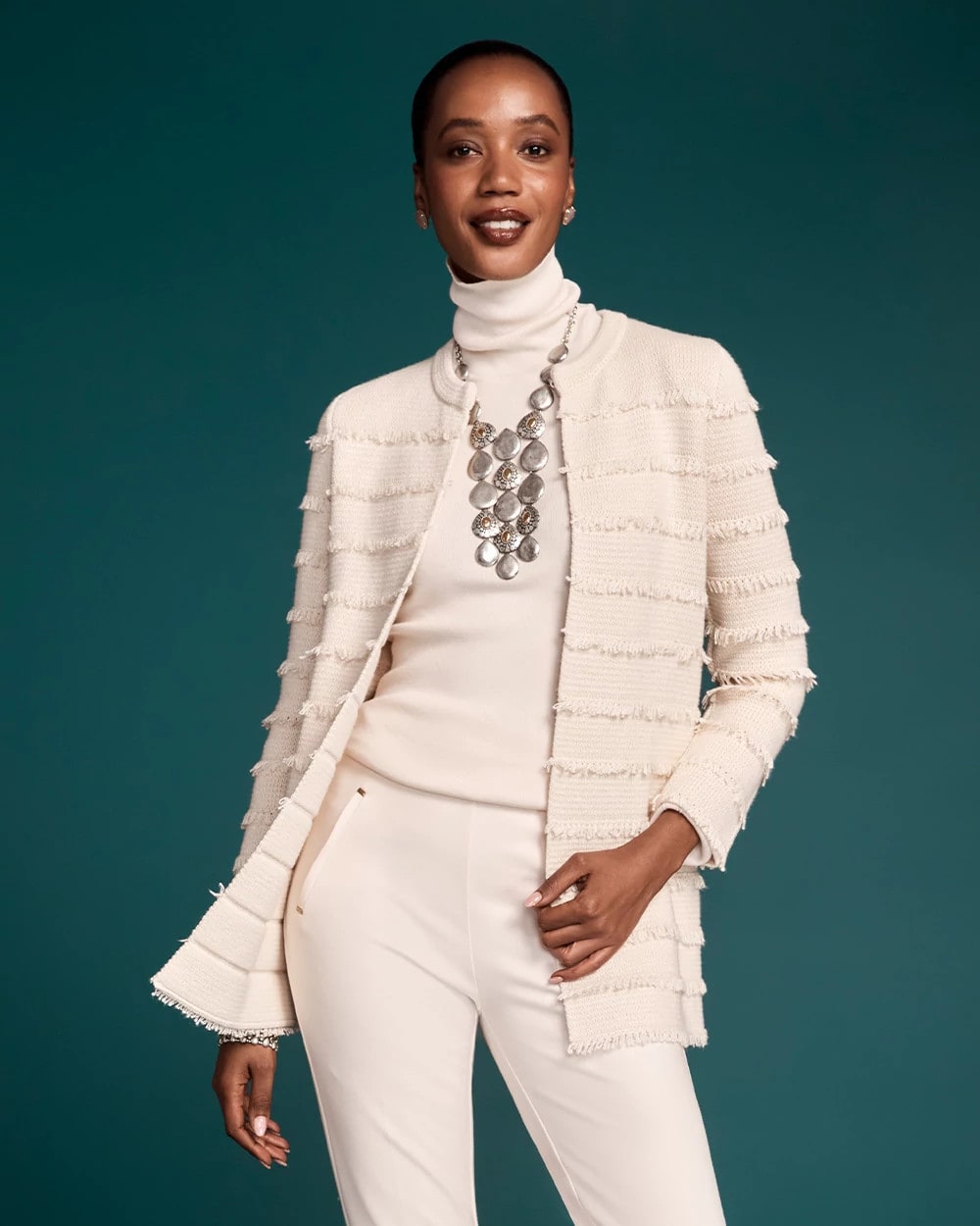 Chico's Fringe Ottoman Knit Cardigan ENGLISH CREAM
