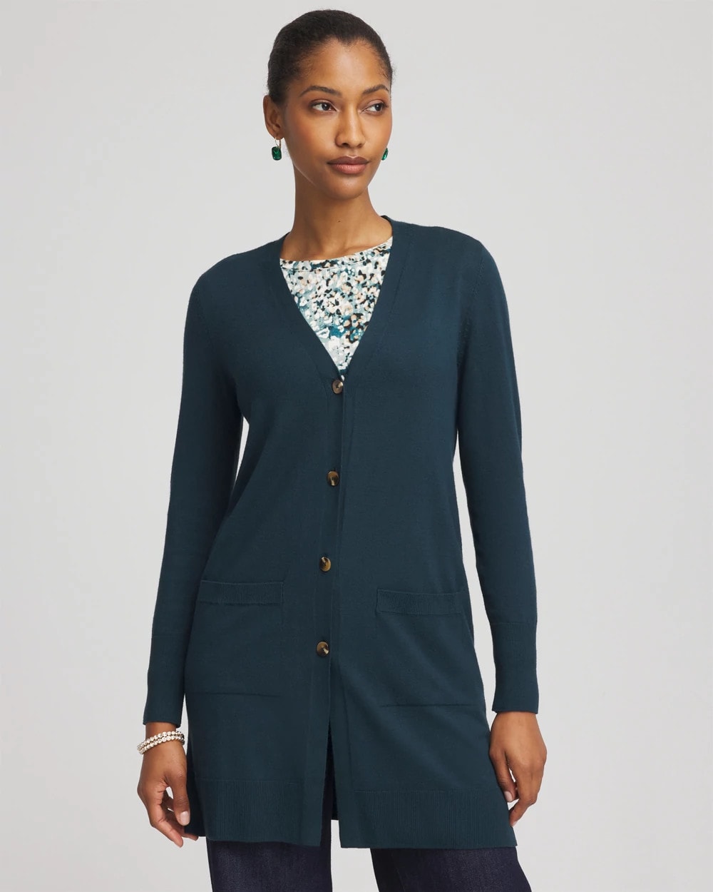 Chico's Ella Pocketed Cardigan Sweater TEAL SHADOW