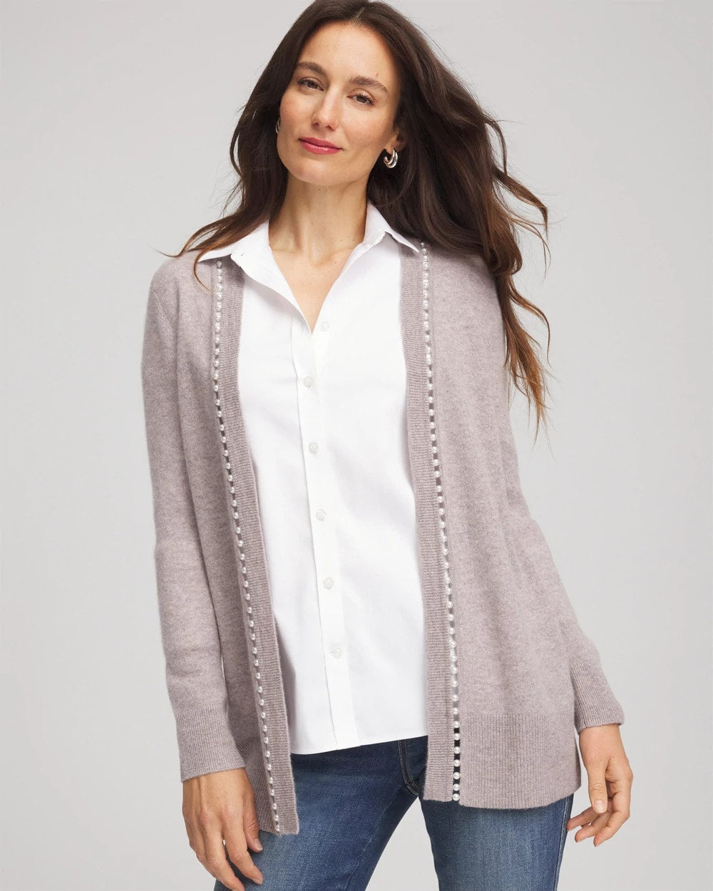 Chico's Cashmere Pearl-Trim Cardigan TAUPE HEATHER