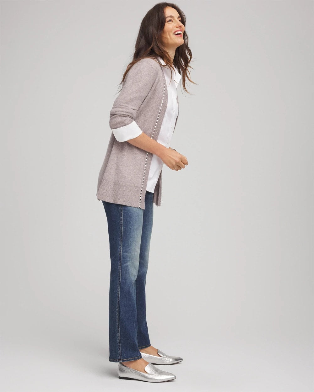 Chico's Cashmere Pearl-Trim Cardigan TAUPE HEATHER