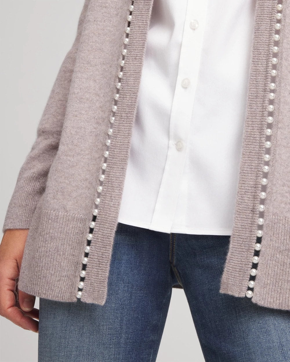 Chico's Cashmere Pearl-Trim Cardigan TAUPE HEATHER