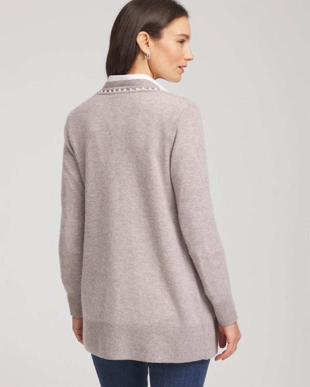 Chico's Cashmere Pearl-Trim Cardigan TAUPE HEATHER