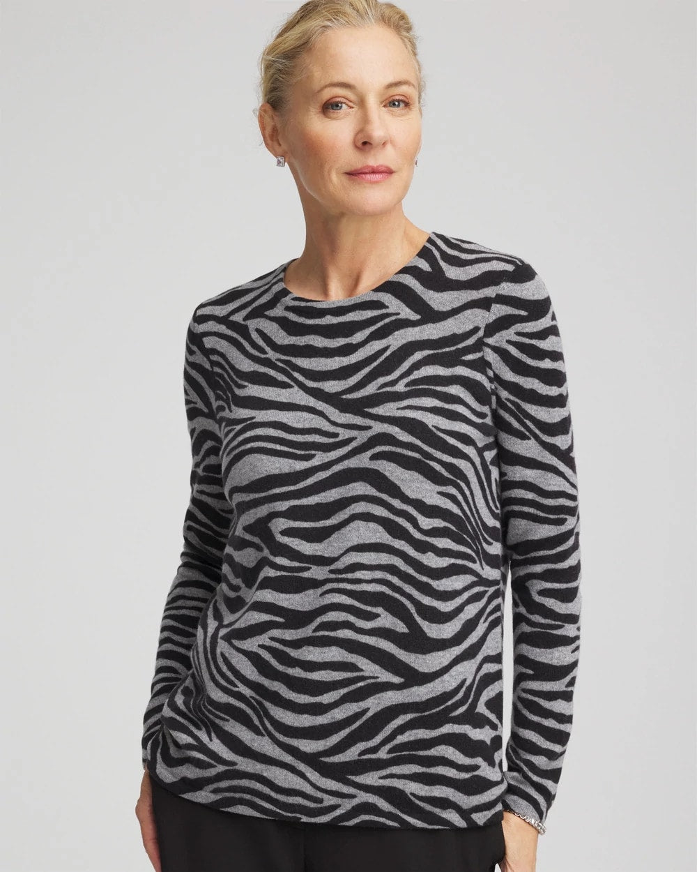 Chico's Cashmere Zebra Long-Sleeve Pullover Sweater BLACK