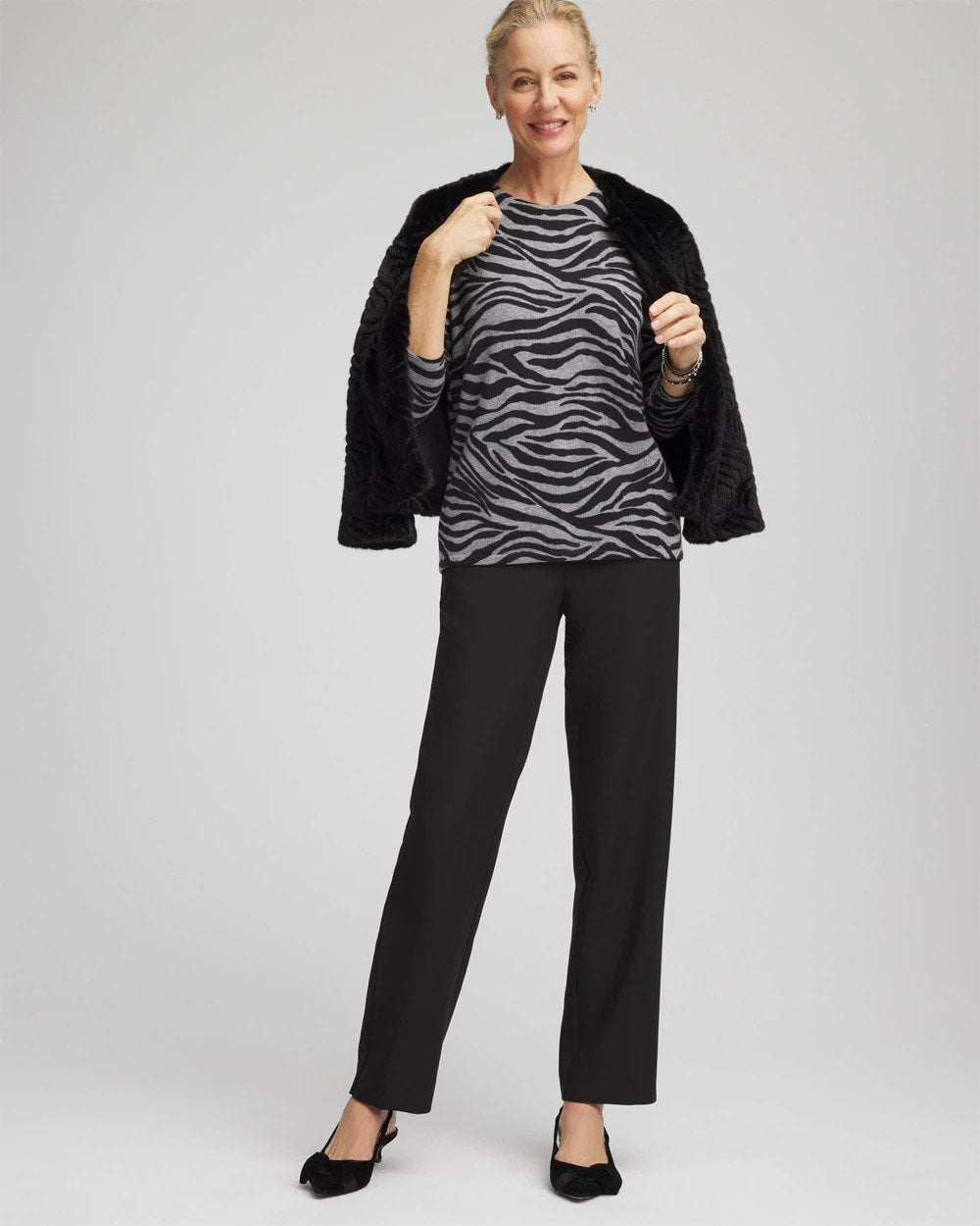Chico's Cashmere Zebra Long-Sleeve Pullover Sweater BLACK