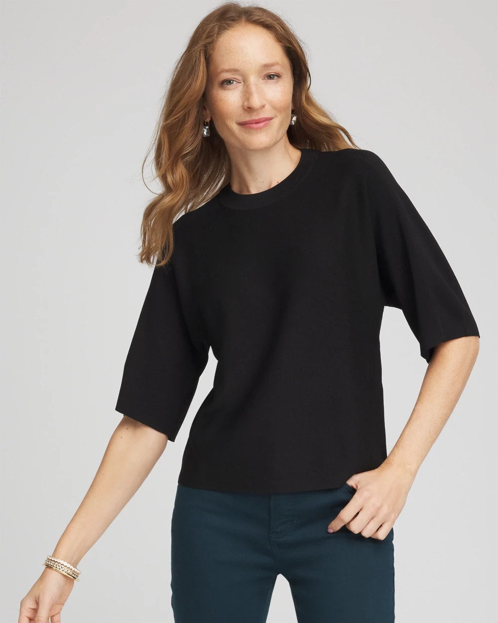 Chico's Dolman Sleeve Crew Neck Pullover Sweater BLACK