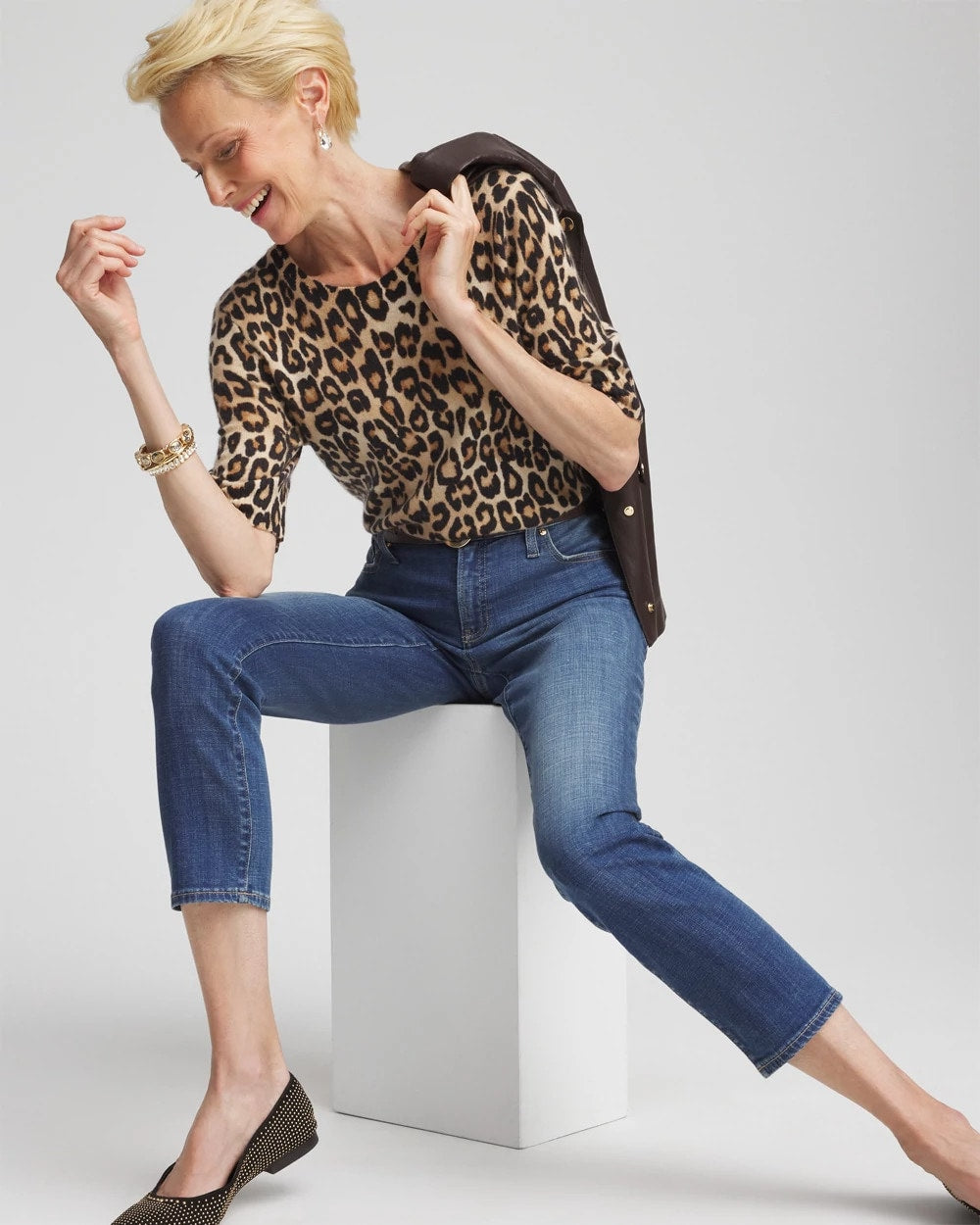 Chico's Cashmere Animal Elbow-Sleeve Pullover CAMEL