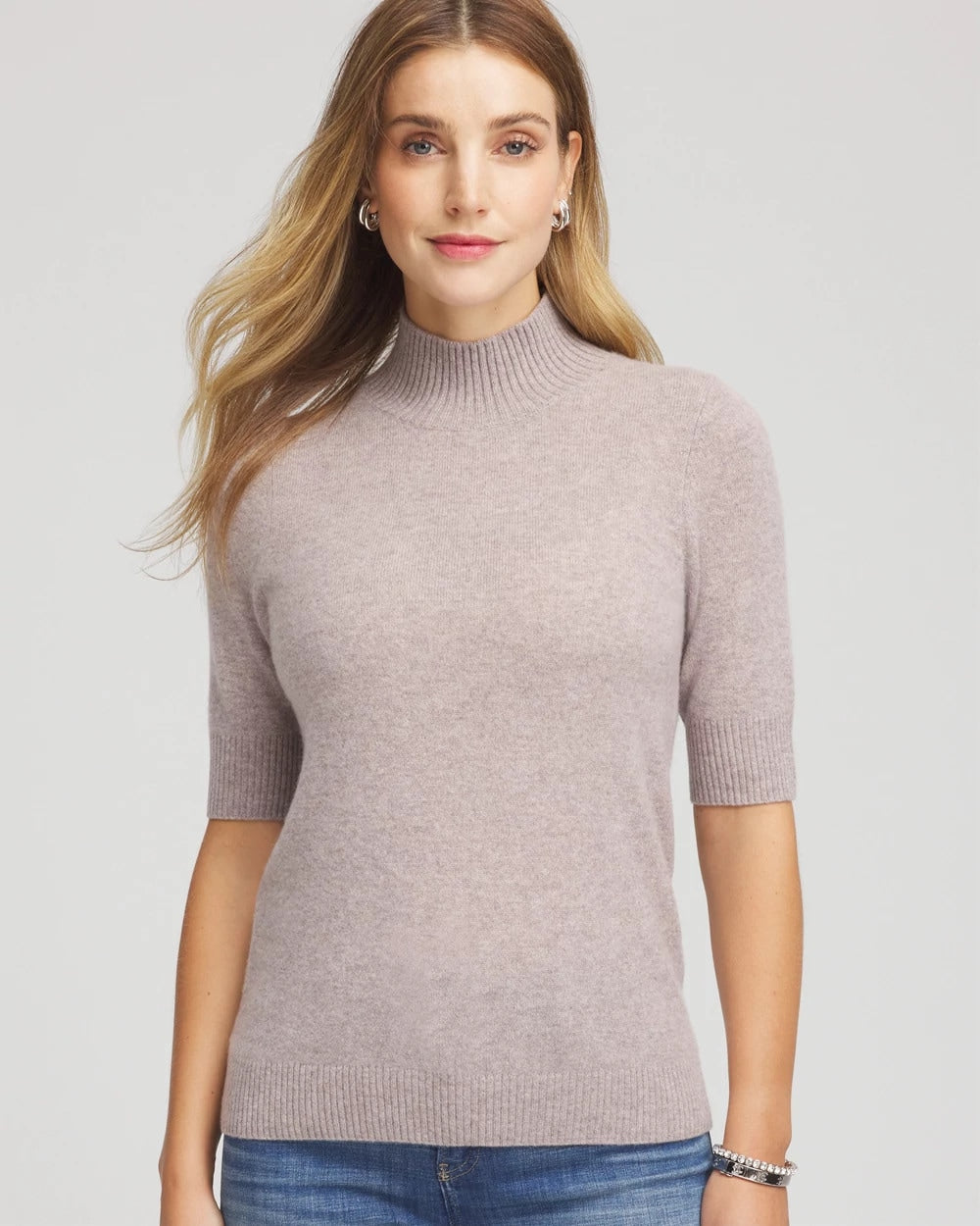 Chico's Cashmere Elbow-Sleeve Sweater TAUPE HEATHER