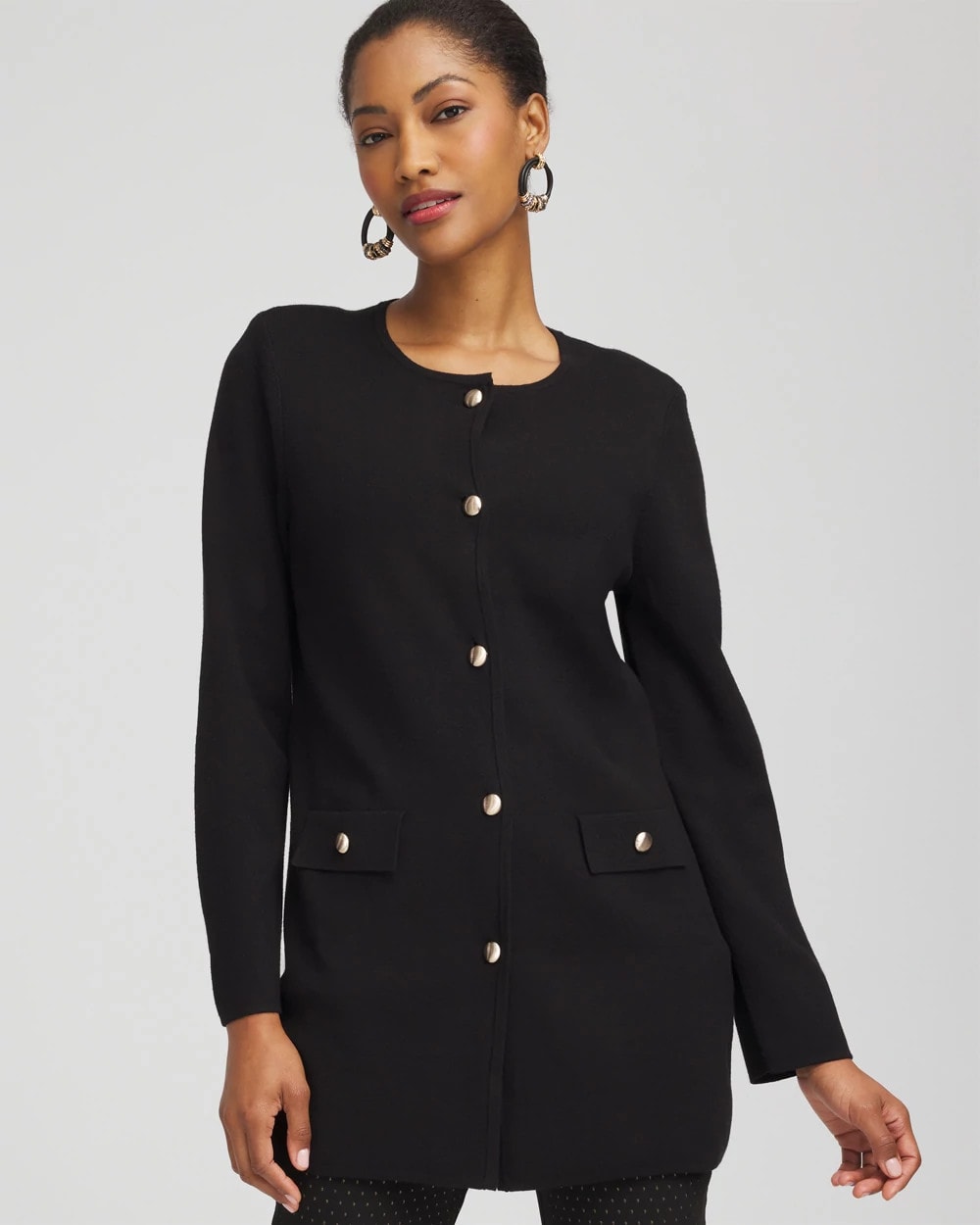 Chico's Button-Down Crewneck Coatigan BLACK