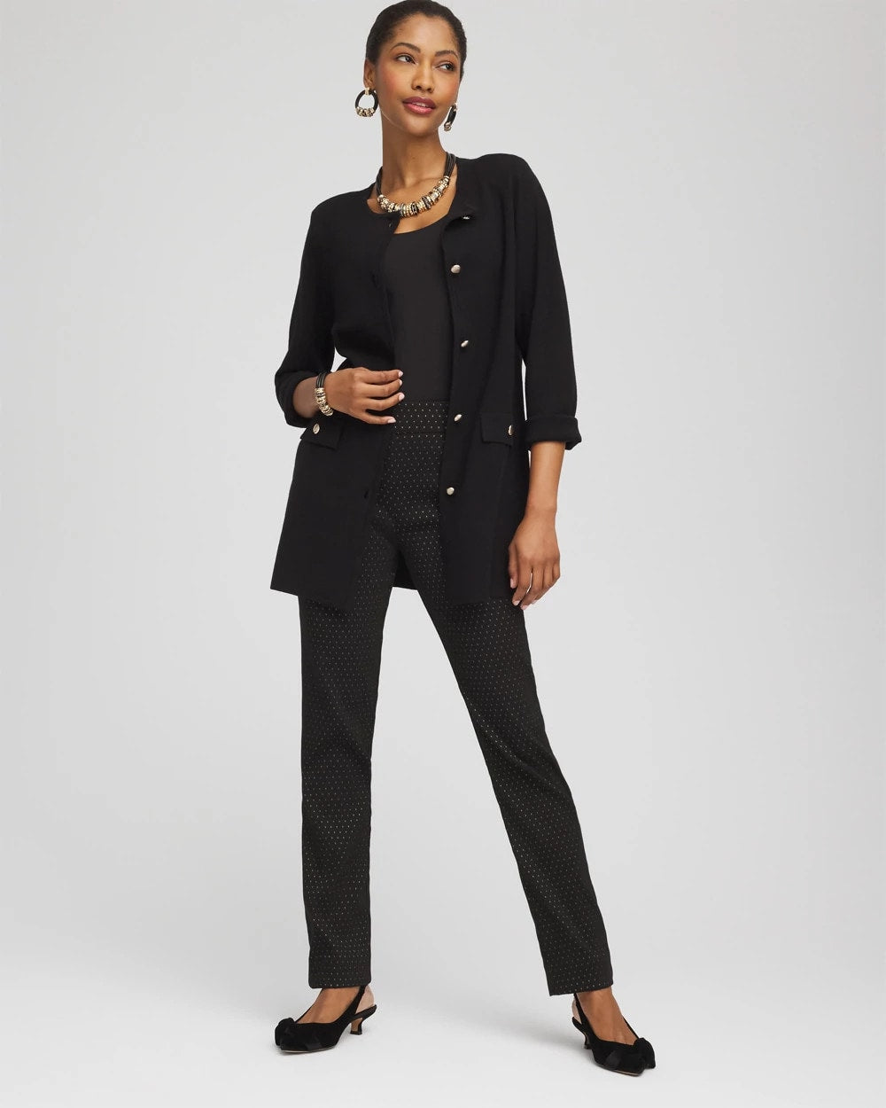 Chico's Button-Down Crewneck Coatigan BLACK