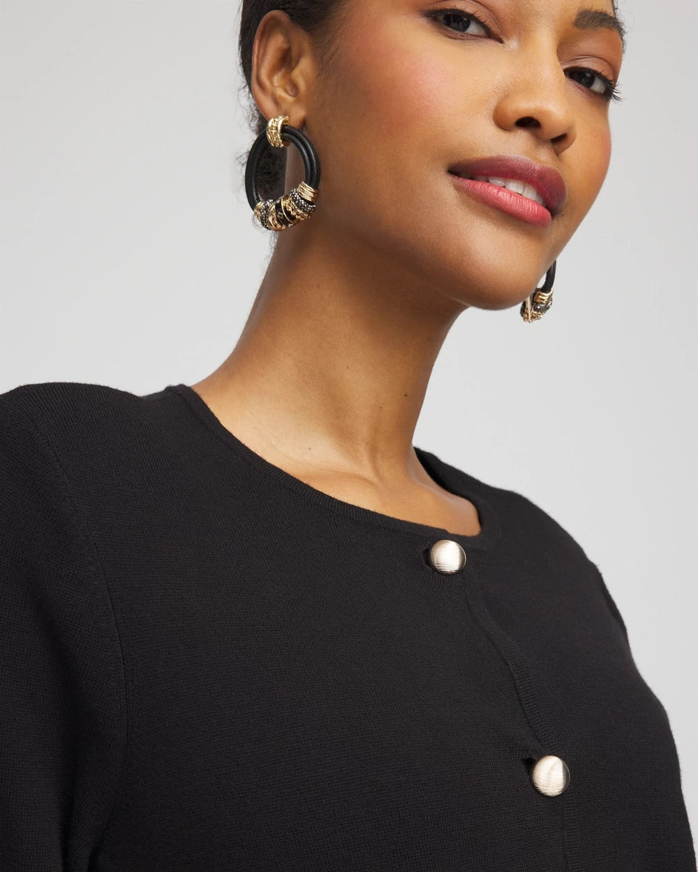 Chico's Button-Down Crewneck Coatigan BLACK