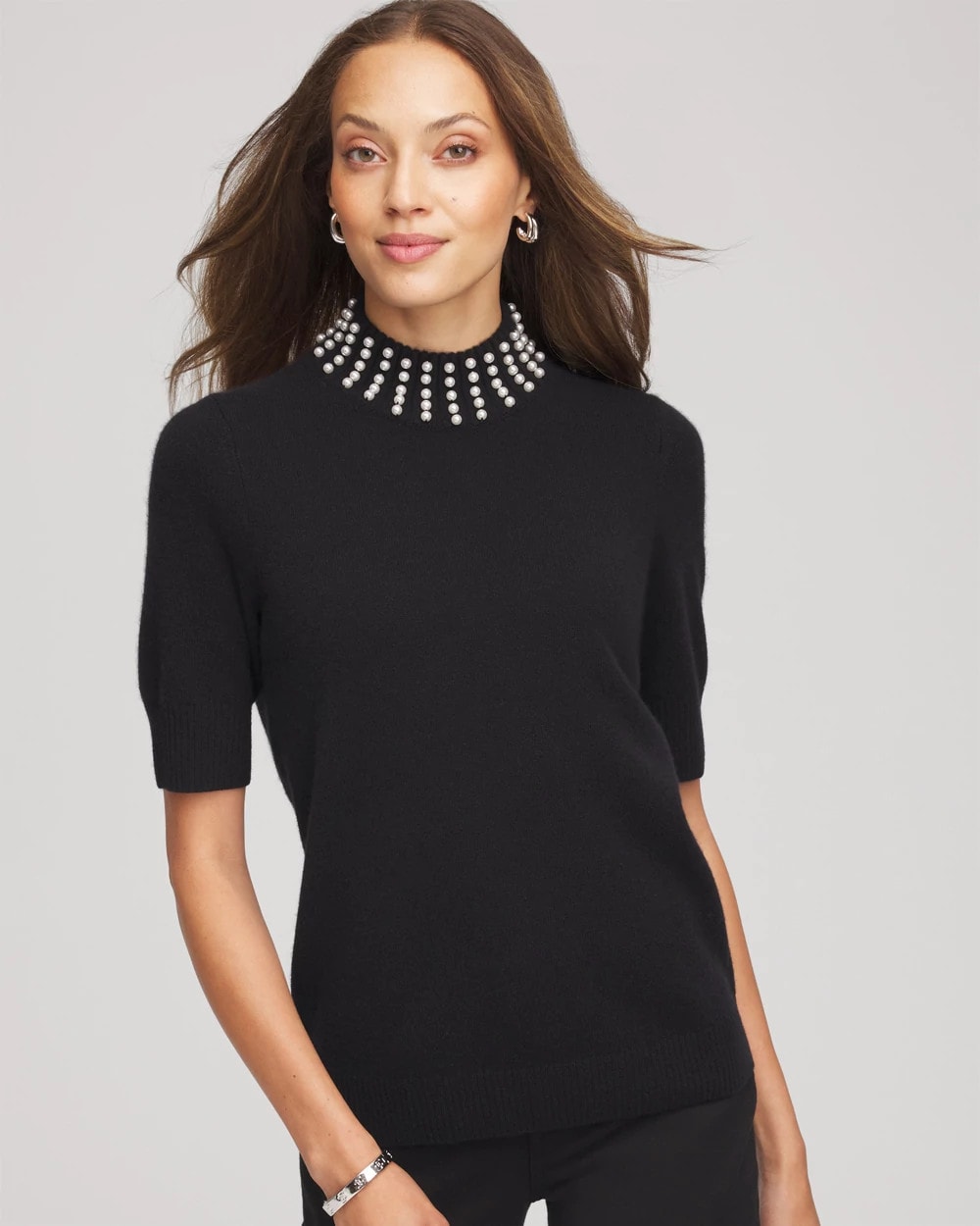 Chico's Cashmere Pearl Mockneck Sweater BLACK