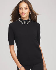 Chico's Cashmere Pearl Mockneck Sweater BLACK