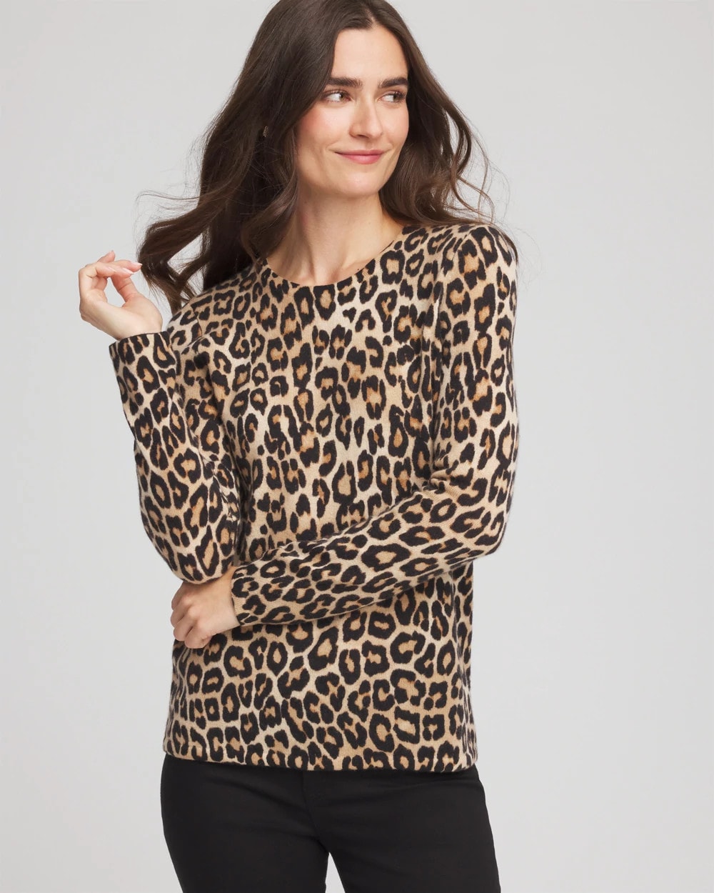 Chico's Cashmere Animal Long-Sleeve Pullover Sweater CAMEL