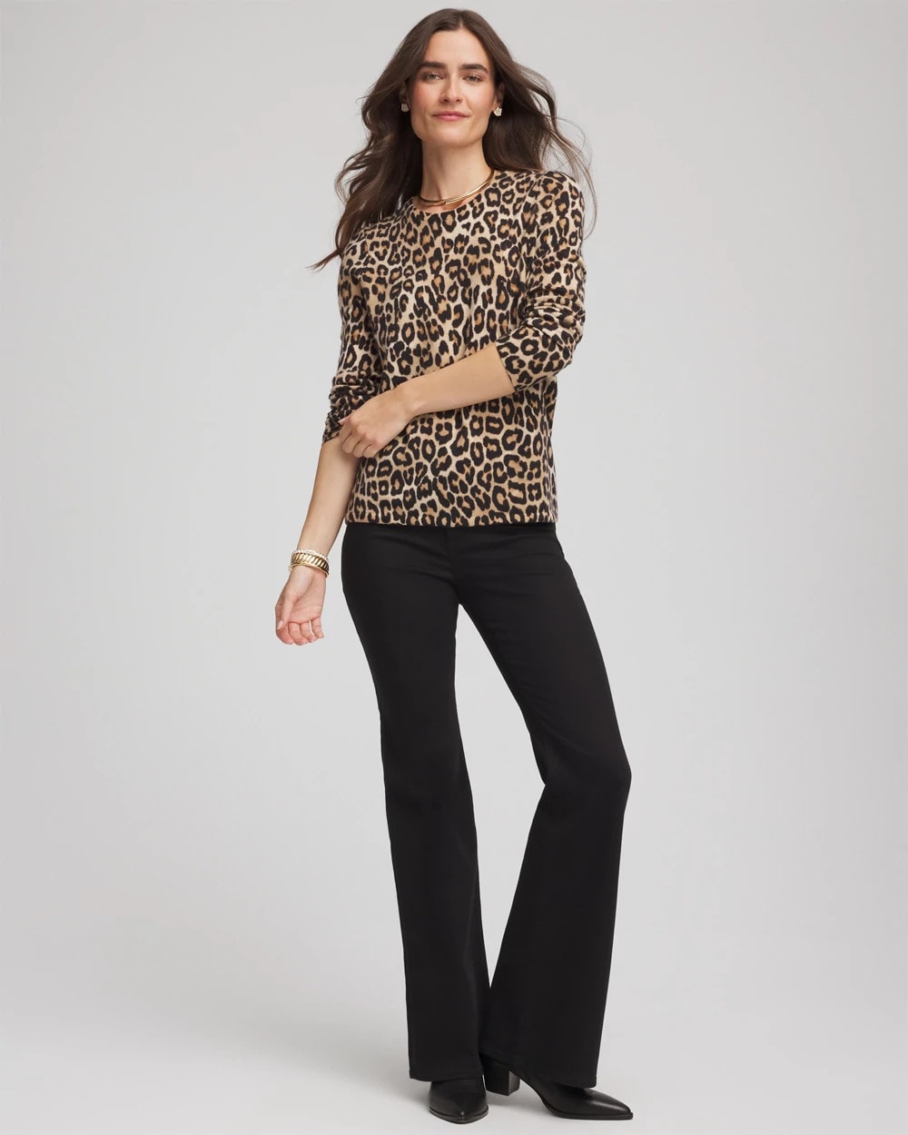 Chico's Cashmere Animal Long-Sleeve Pullover Sweater CAMEL