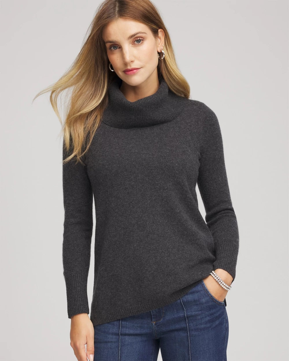 Chico's Cowlneck Cashmere Pullover Tunic DARK GREY
