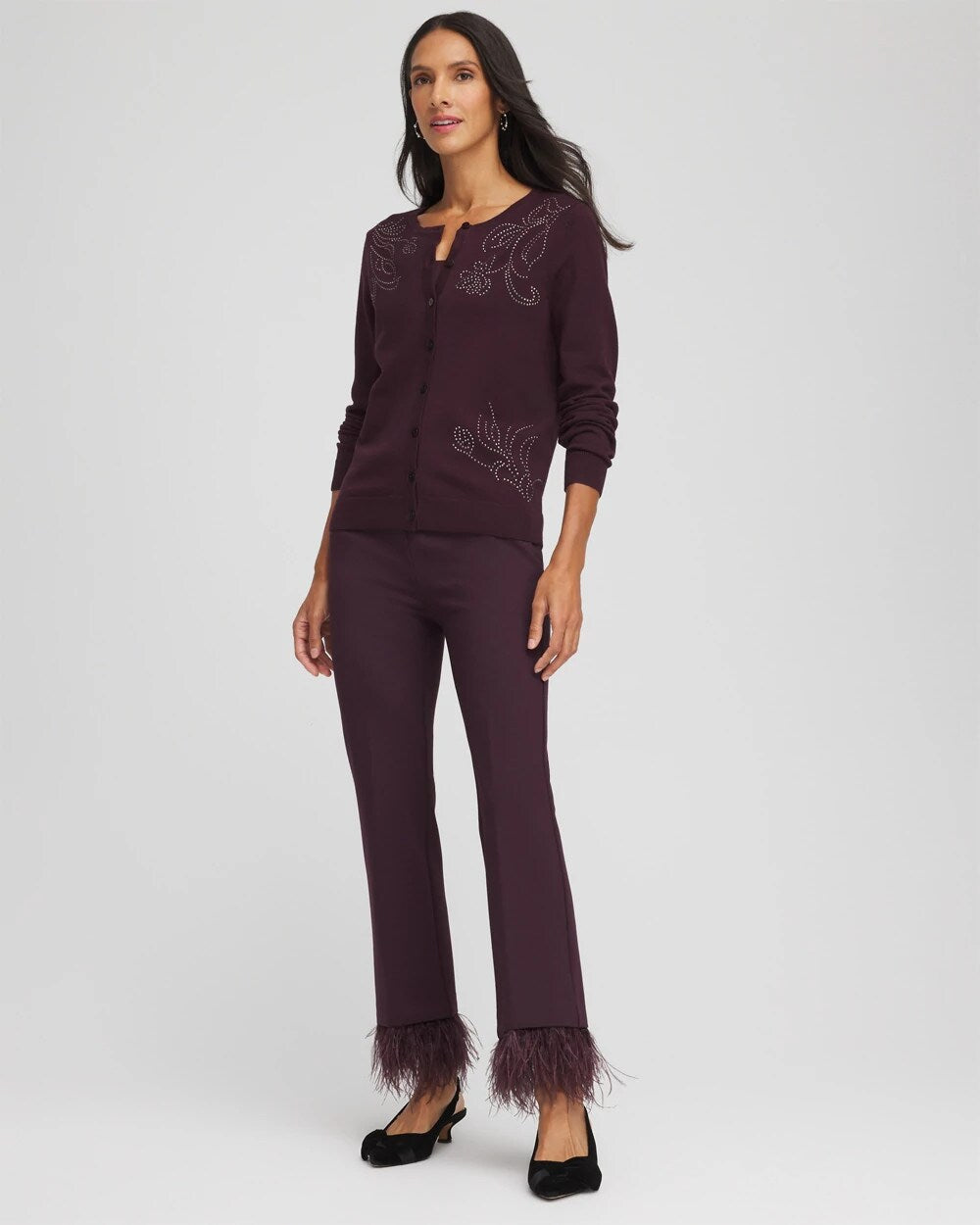 Chico's Embellished Crewneck Cardigan NIGHT BLOOM
