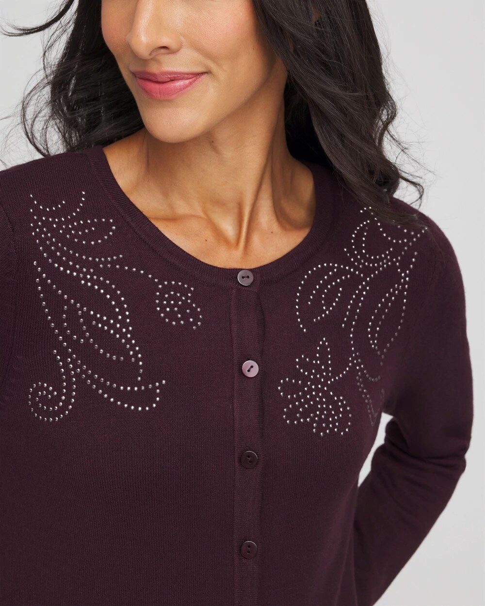 Chico's Embellished Crewneck Cardigan NIGHT BLOOM