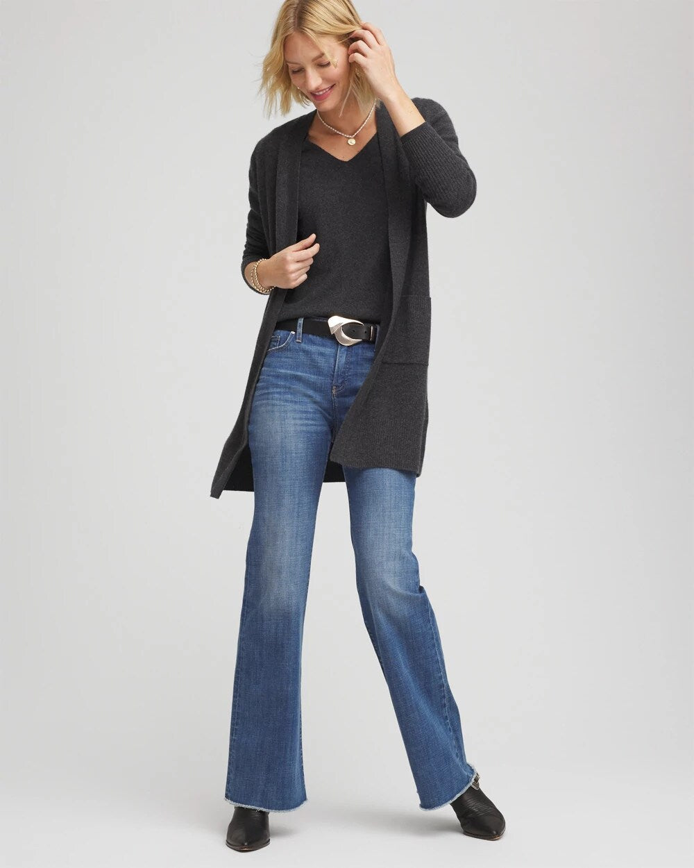 Chico's Relaxed V-Neck Cashmere Sweater DARK GREY