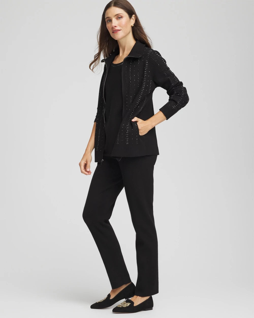 Chico's Zenergy® Luxe Diamante Zip Cardigan BLACK