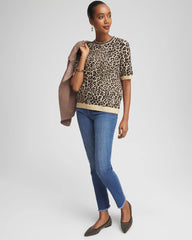 Chico's Embellished Crewneck Animal-Print Sweater FAUX CAMEL HEATHER