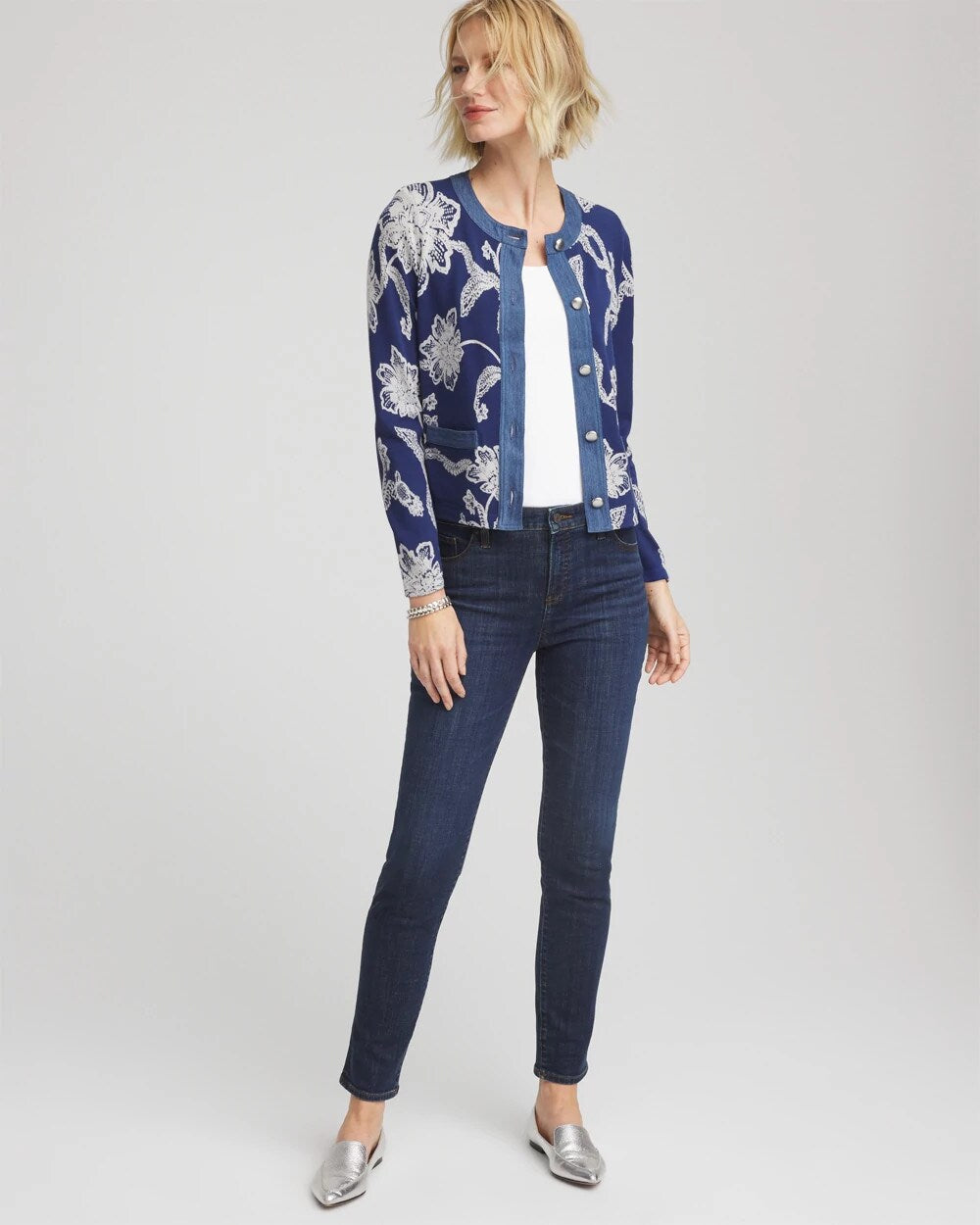 Chico's Floral Lady Jacket DUSKY BLUE