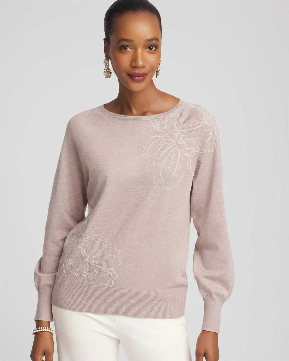 Chico's Embroidered Pull-Over Boatneck Sweater ROCKY MOUNTAIN