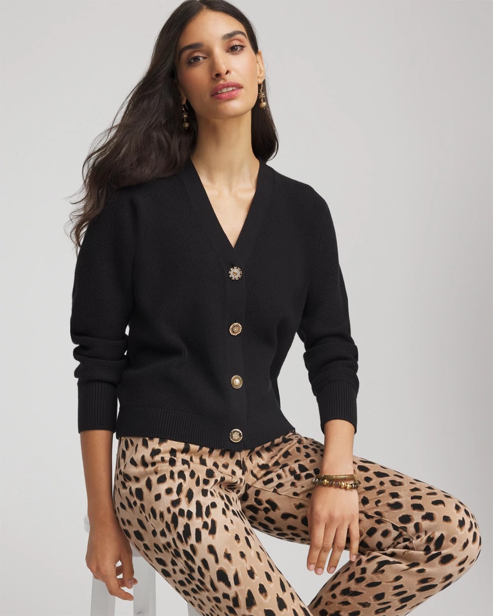 Chico's Relaxed-Fit Button-Front Cardigan BLACK