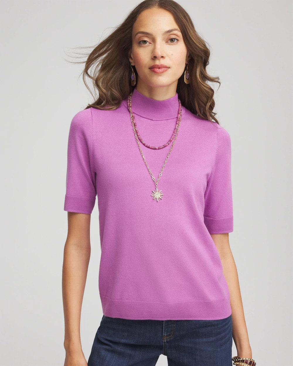 Chico's Ella Elbow Sleeve Mockneck Sweater GOOSEBERRY